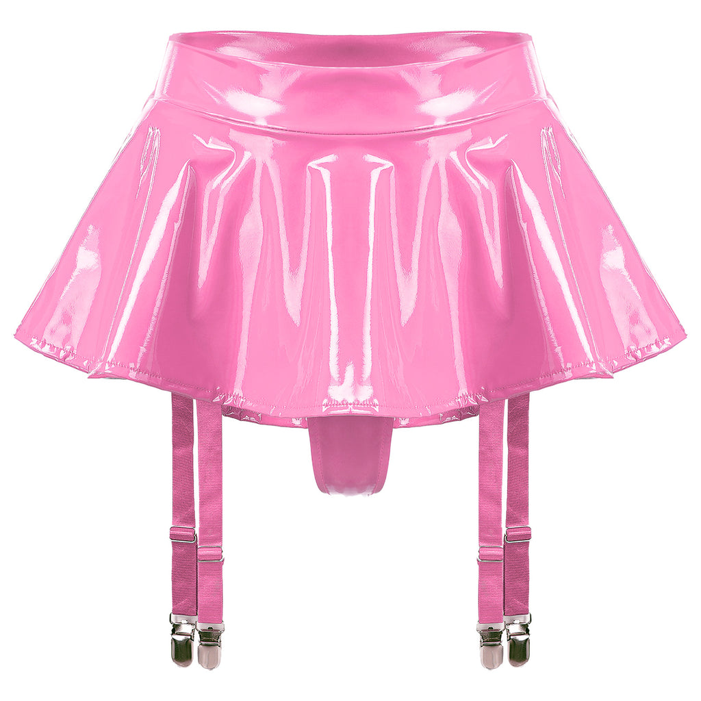 Sexy Women Latex Leather Ruffled Skirts Wetlook Party Low Waist Built-in Thongs Miniskirt with Garter Belts Clips Dance Clubwear