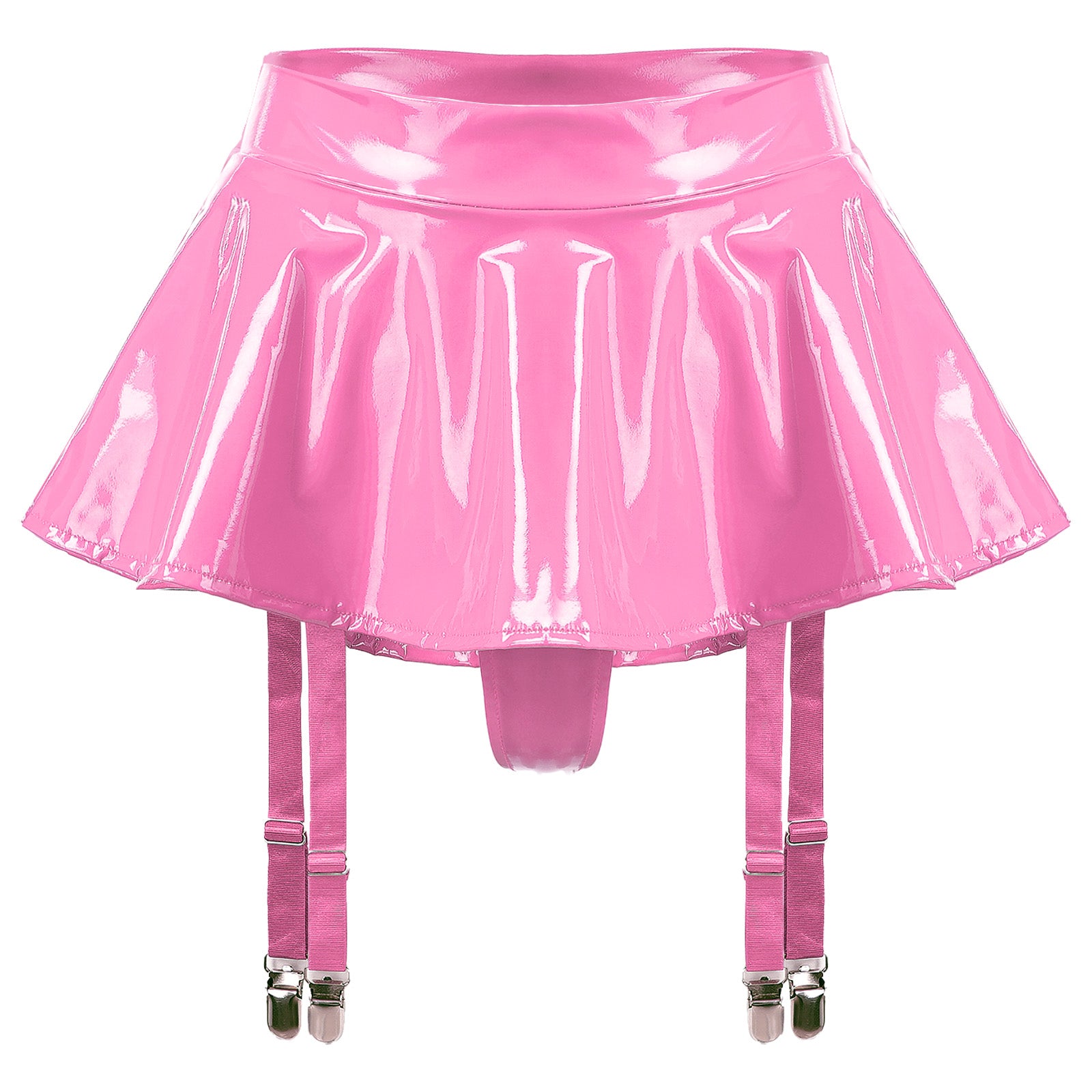 Sexy Women Latex Leather Ruffled Skirts Wetlook Party Low Waist Built-in Thongs Miniskirt with Garter Belts Clips Dance Clubwear