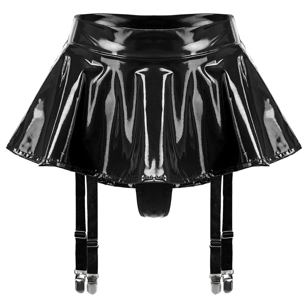 Sexy Women Latex Leather Ruffled Skirts Wetlook Party Low Waist Built-in Thongs Miniskirt with Garter Belts Clips Dance Clubwear
