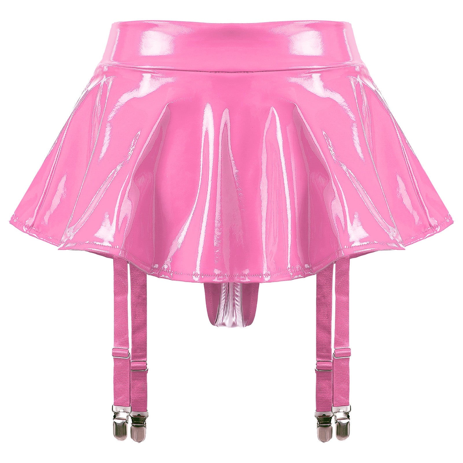 Sexy Women Latex Leather Ruffled Skirts Wetlook Party Low Waist Built-in Thongs Miniskirt with Garter Belts Clips Dance Clubwear