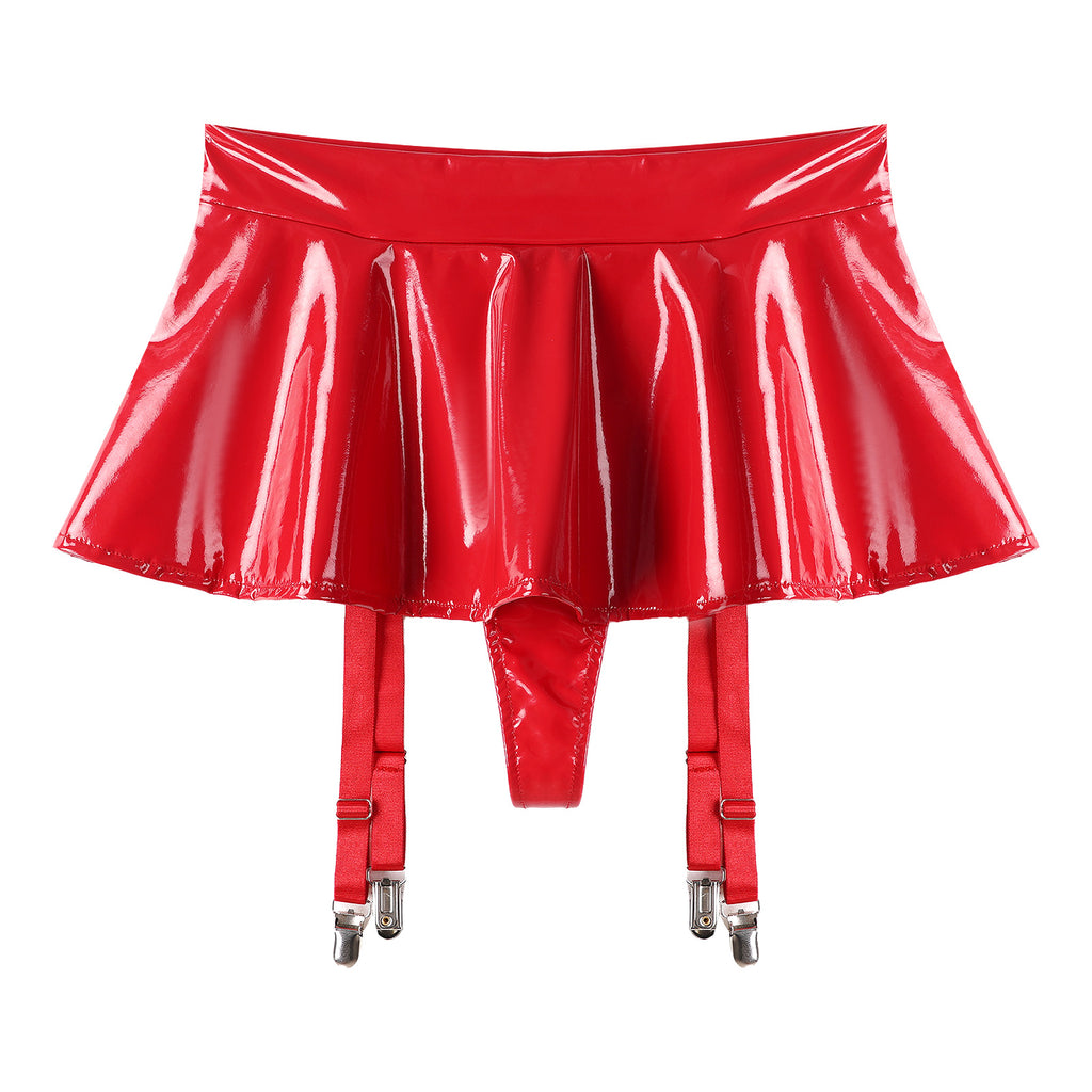 Sexy Women Latex Leather Ruffled Skirts Wetlook Party Low Waist Built-in Thongs Miniskirt with Garter Belts Clips Dance Clubwear