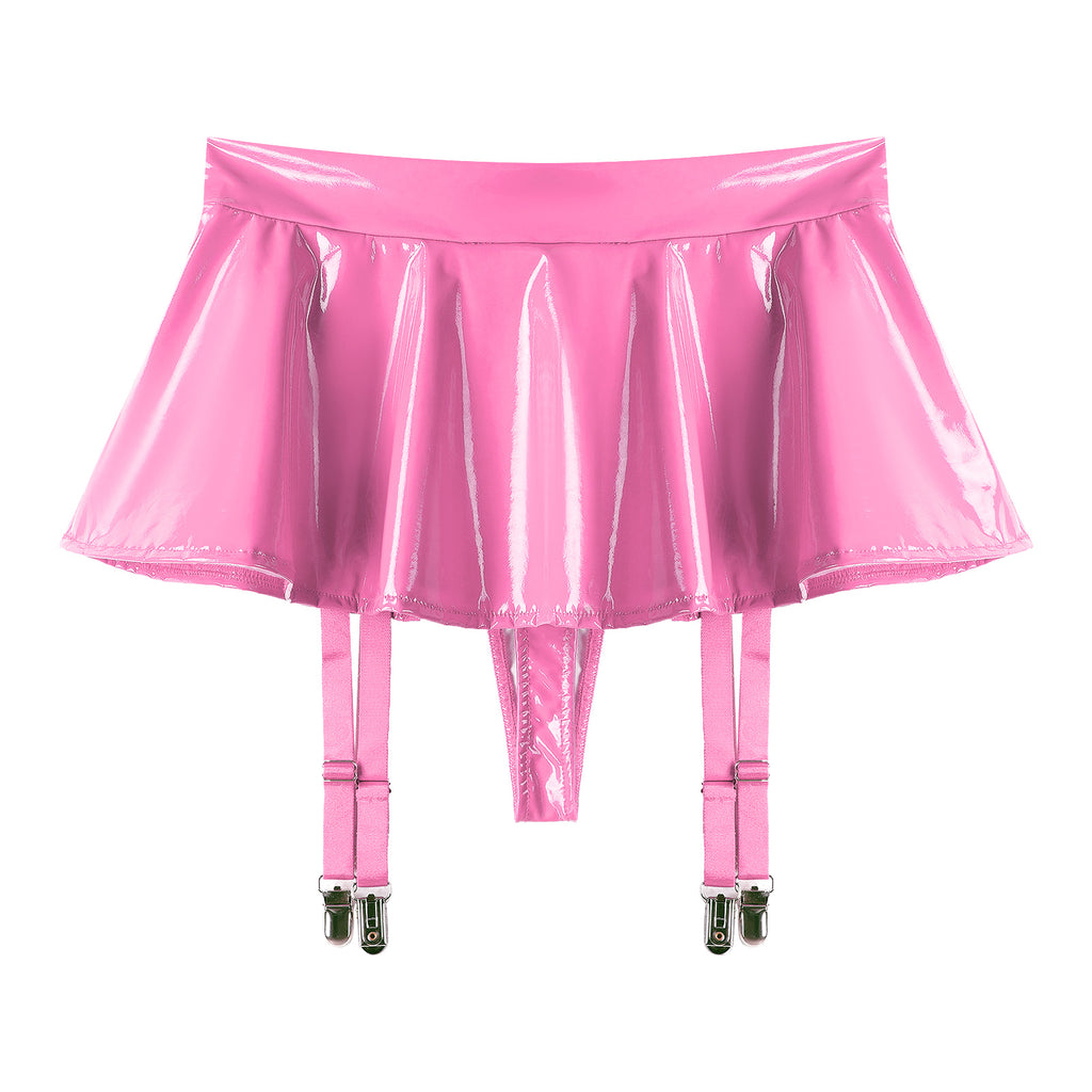 Sexy Women Latex Leather Ruffled Skirts Wetlook Party Low Waist Built-in Thongs Miniskirt with Garter Belts Clips Dance Clubwear