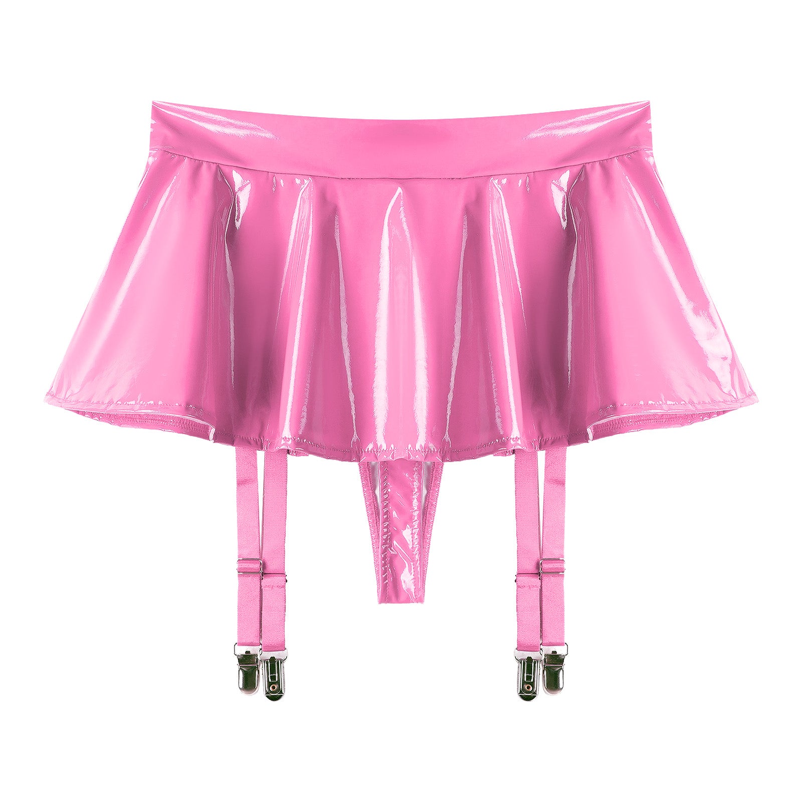 Sexy Women Latex Leather Ruffled Skirts Wetlook Party Low Waist Built-in Thongs Miniskirt with Garter Belts Clips Dance Clubwear