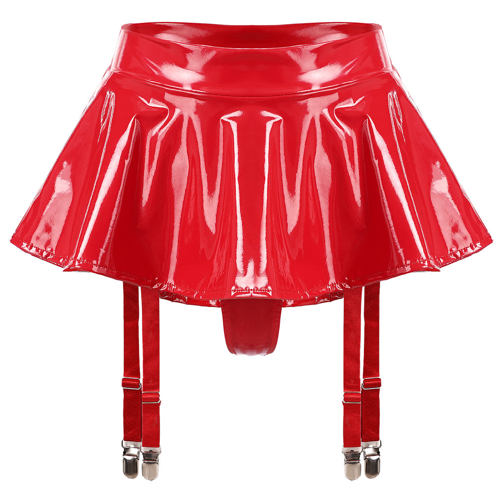 Sexy Women Latex Leather Ruffled Skirts Wetlook Party Low Waist Built-in Thongs Miniskirt with Garter Belts Clips Dance Clubwear