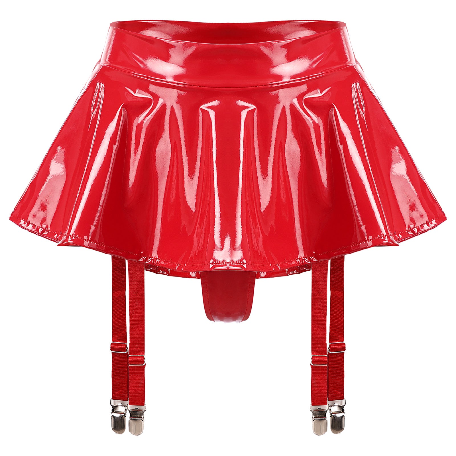 Sexy Women Latex Leather Ruffled Skirts Wetlook Party Low Waist Built-in Thongs Miniskirt with Garter Belts Clips Dance Clubwear