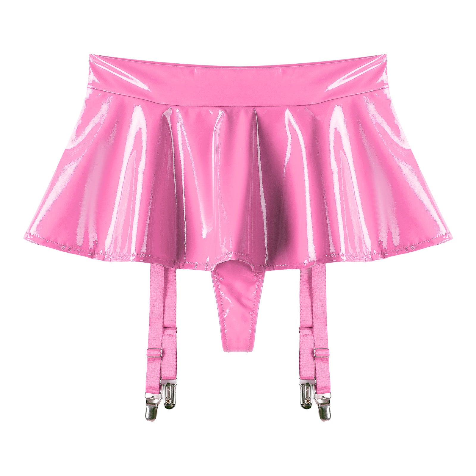 Sexy Women Latex Leather Ruffled Skirts Wetlook Party Low Waist Built-in Thongs Miniskirt with Garter Belts Clips Dance Clubwear