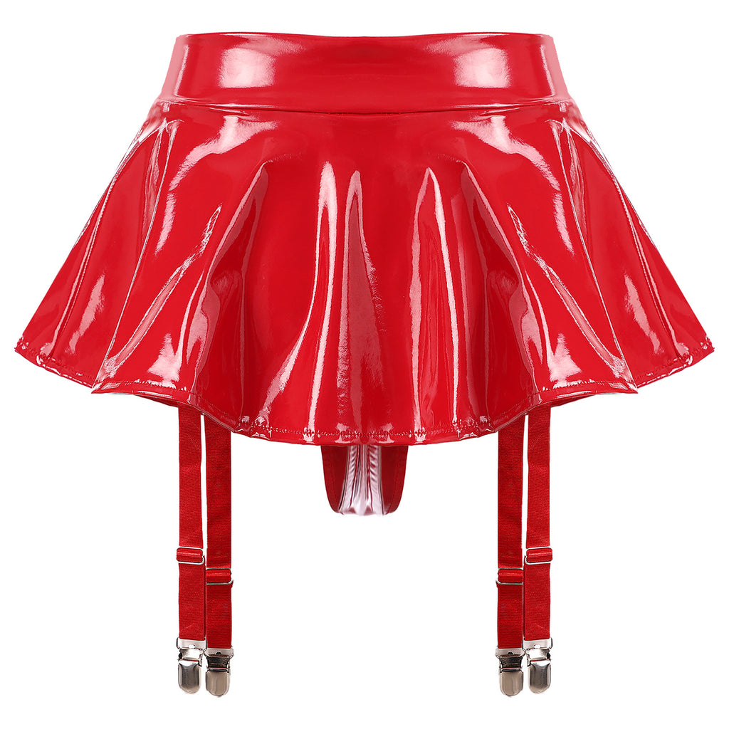 Sexy Women Latex Leather Ruffled Skirts Wetlook Party Low Waist Built-in Thongs Miniskirt with Garter Belts Clips Dance Clubwear