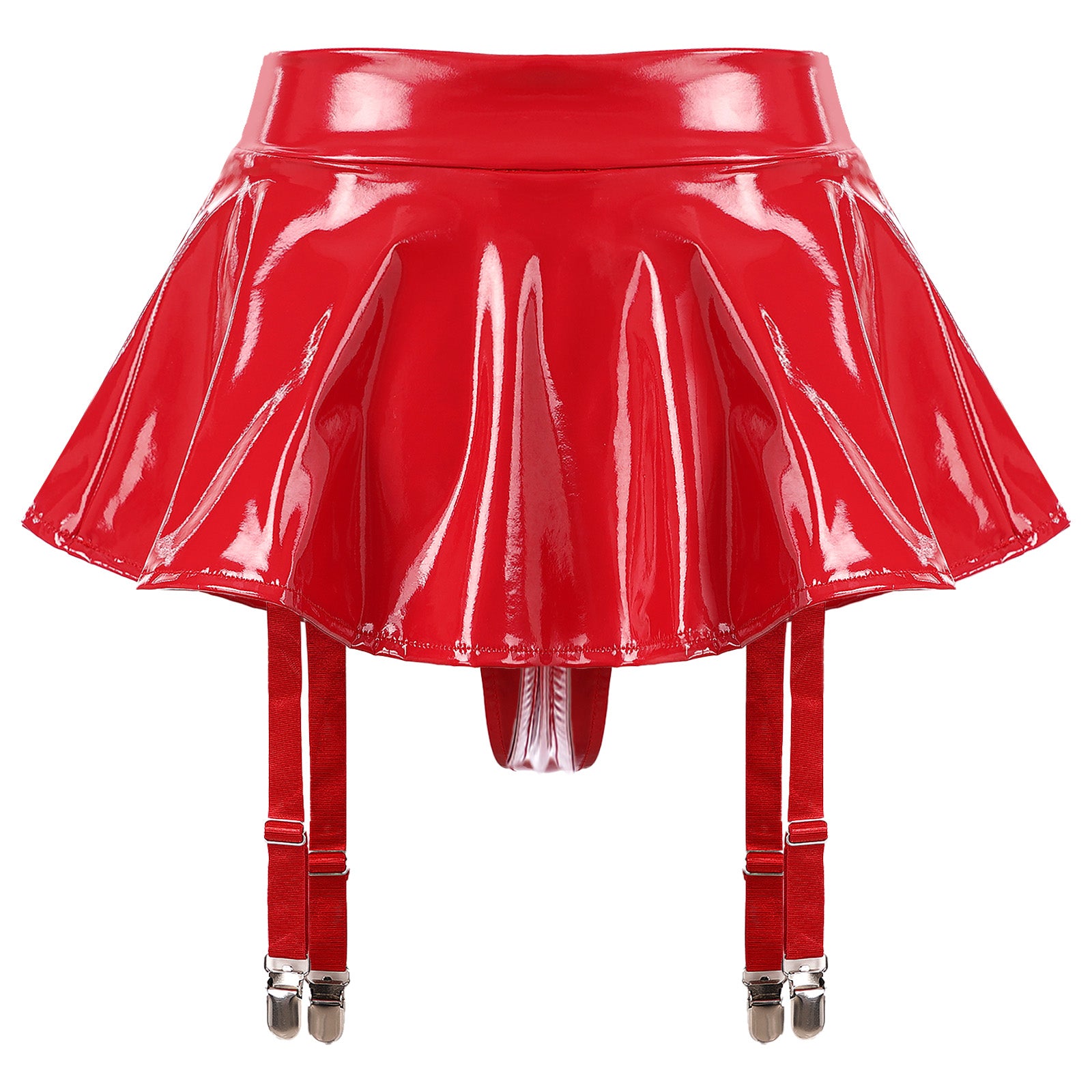 Sexy Women Latex Leather Ruffled Skirts Wetlook Party Low Waist Built-in Thongs Miniskirt with Garter Belts Clips Dance Clubwear
