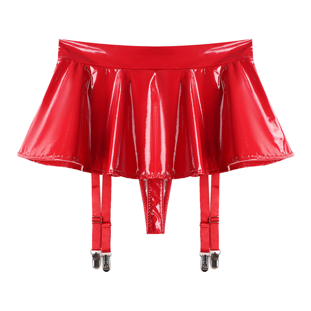 Sexy Women Latex Leather Ruffled Skirts Wetlook Party Low Waist Built-in Thongs Miniskirt with Garter Belts Clips Dance Clubwear