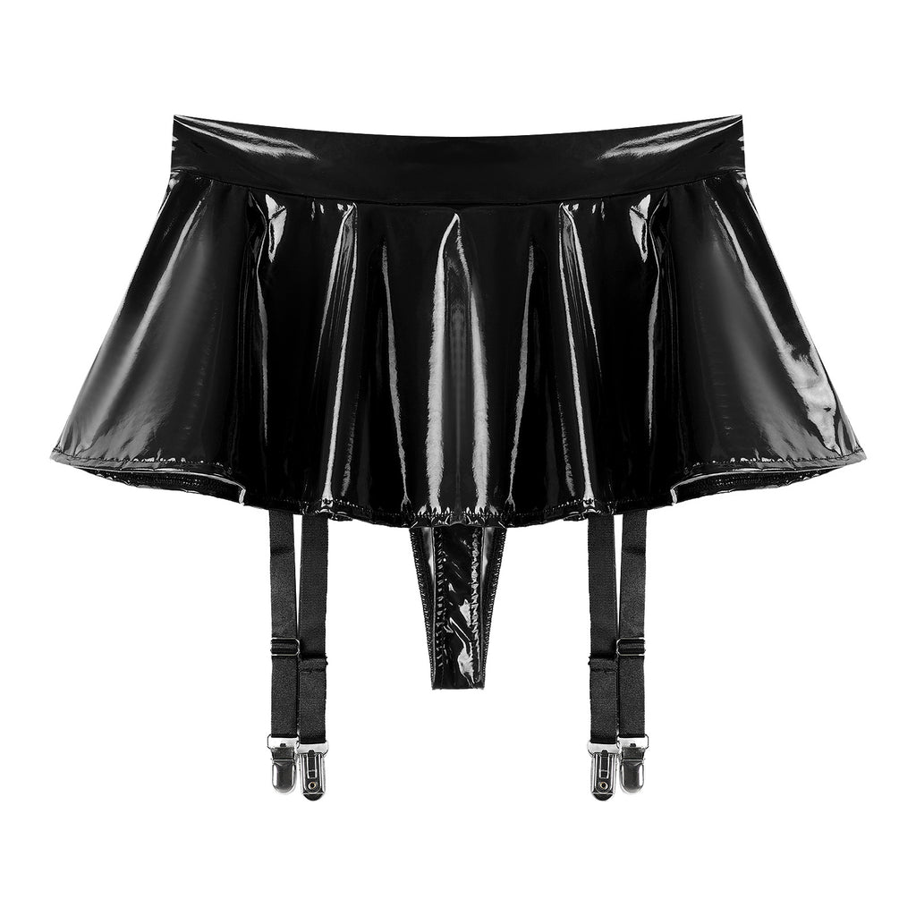 Sexy Women Latex Leather Ruffled Skirts Wetlook Party Low Waist Built-in Thongs Miniskirt with Garter Belts Clips Dance Clubwear